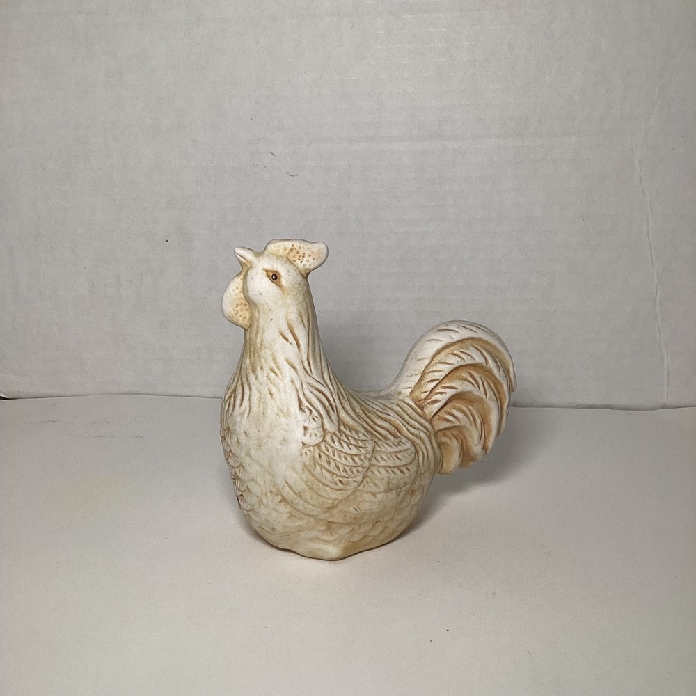 Vintage Ceramic Rooster Figurine Farmhouse Decor Off White Brown 4 Inch